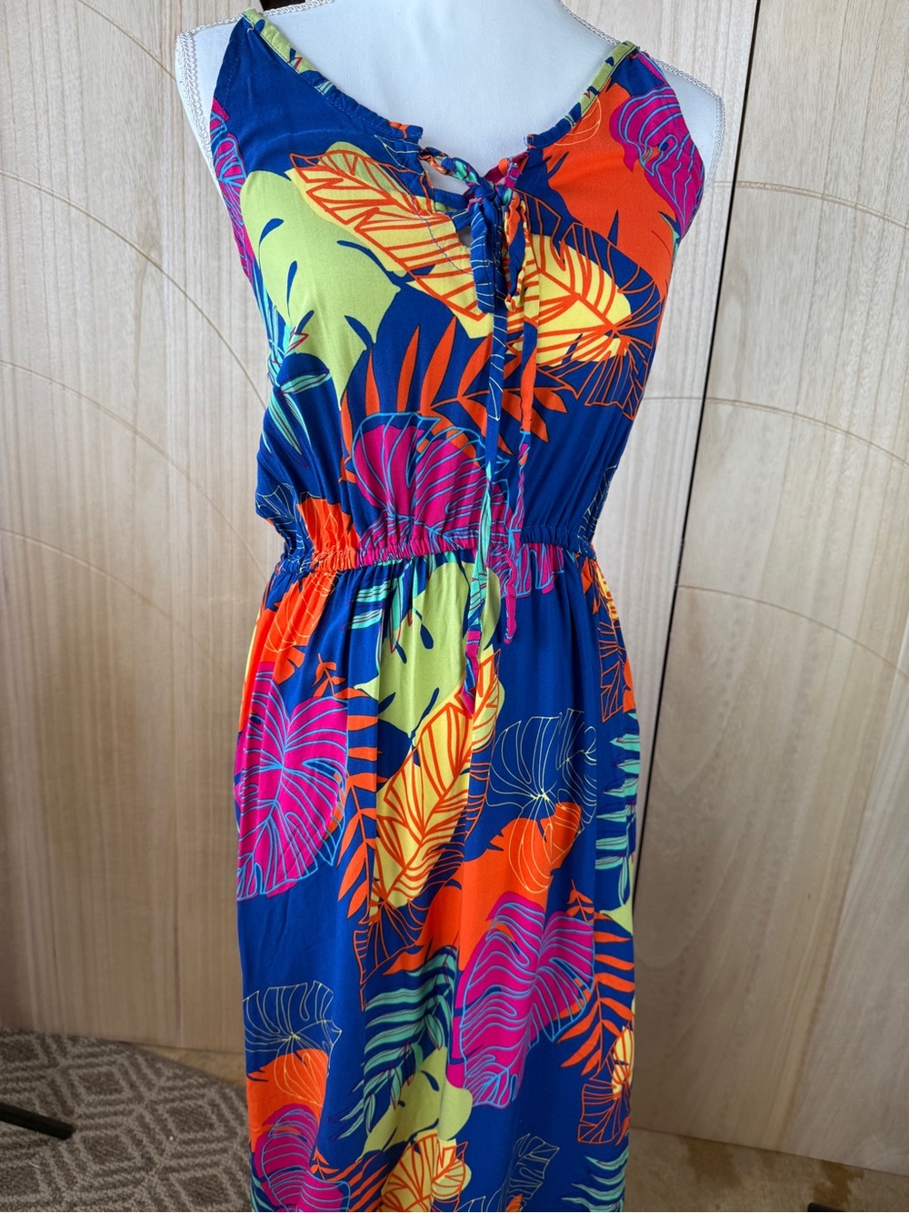 Tropical Leaf Print Maxi Dress Blue Orange Pink Strappy Boho Small